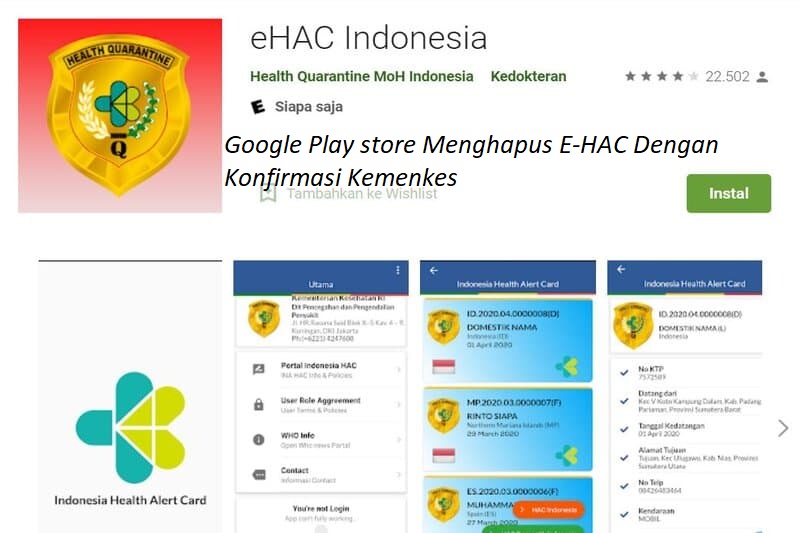 Google Play store Menghapus E-HAC Dengan Konfirmasi Kemenkes